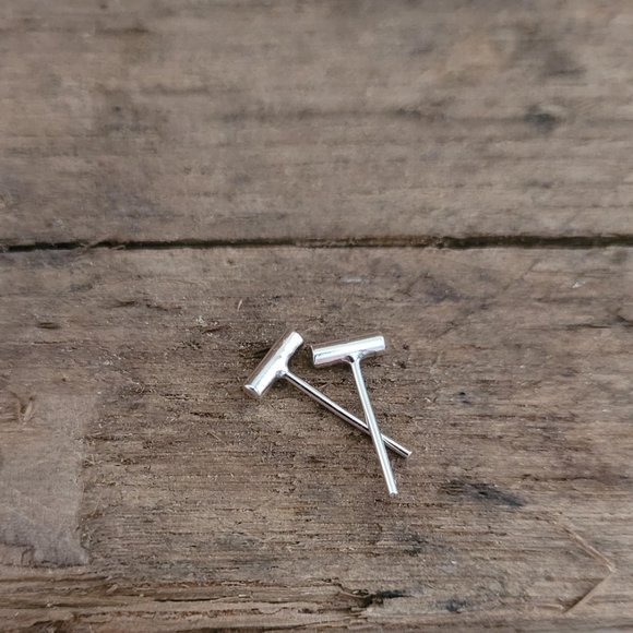 Tiny Sterling Silver Bar Earrings, Metalwork Jewelry, Handcrafted, 925… - Picture 2 of 3